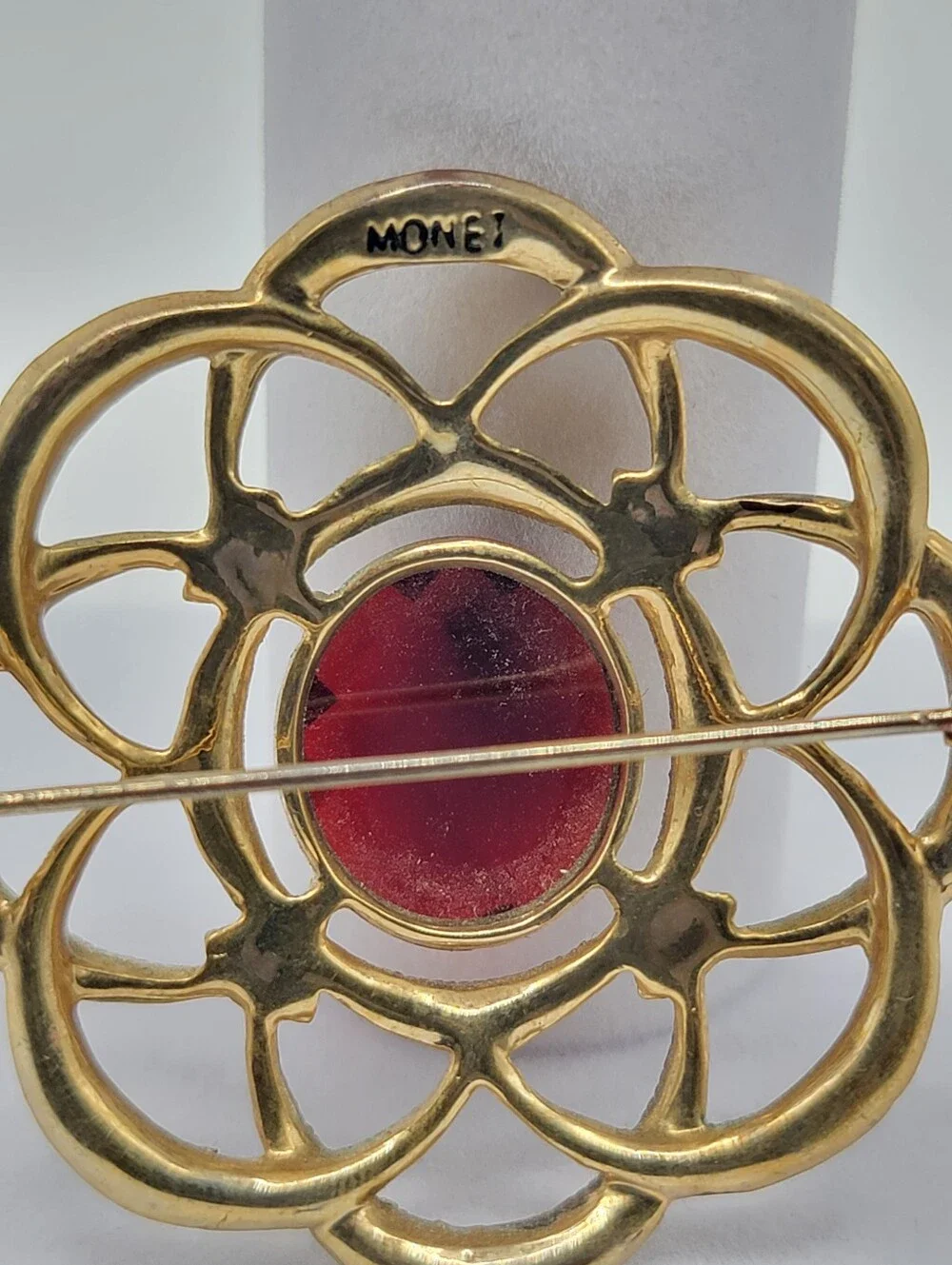 Vintage Monet Silver Tone Filigree Red Glass Brooch 1930s-1955s